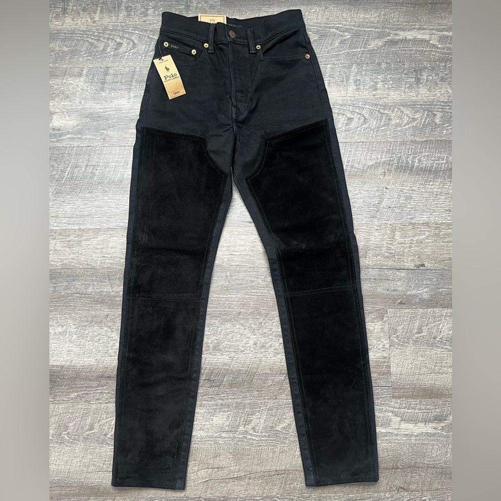 NWT Polo Ralph Lauren Black Label High Rise Slim Suede and Denim Jeans Size 26